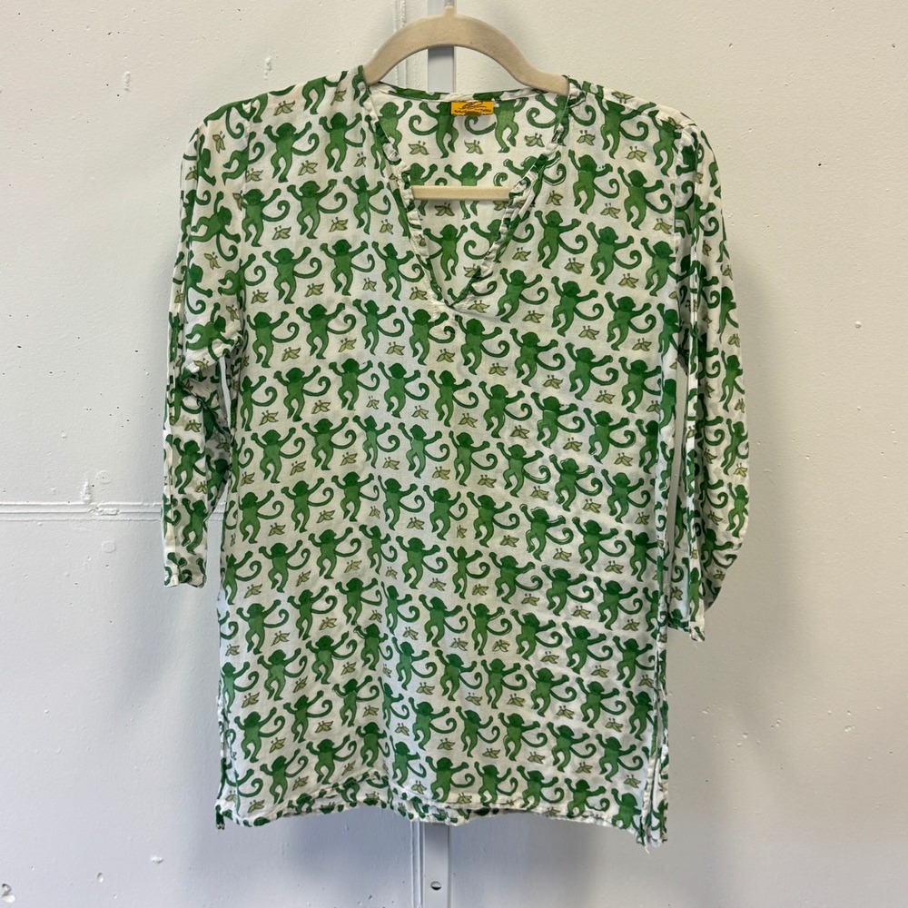 Roberta Roller Rabbit Girls Emerald Monkey Print Cotton Kurta Tunic Top Size 12